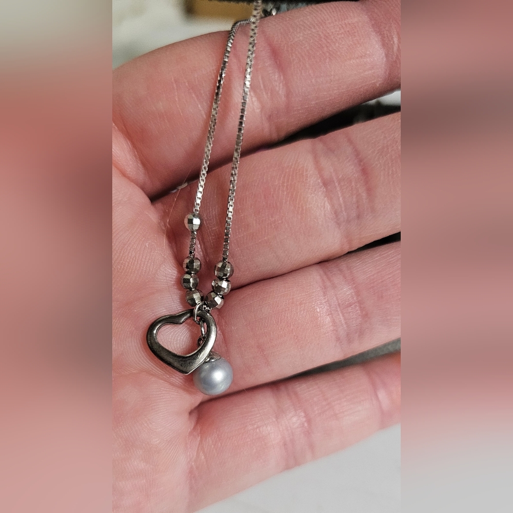 S925 Silver Heart Anklet W/ Silver Akoya Pearl.